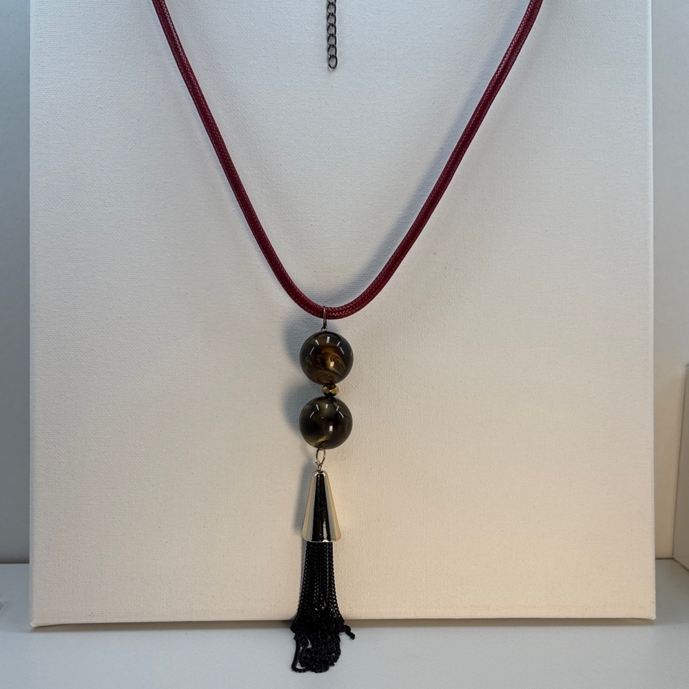Red cord and Gold tone Necklace with Tassel